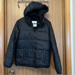 Boys Abercrombie fur lined puffer jacket Black 15/16